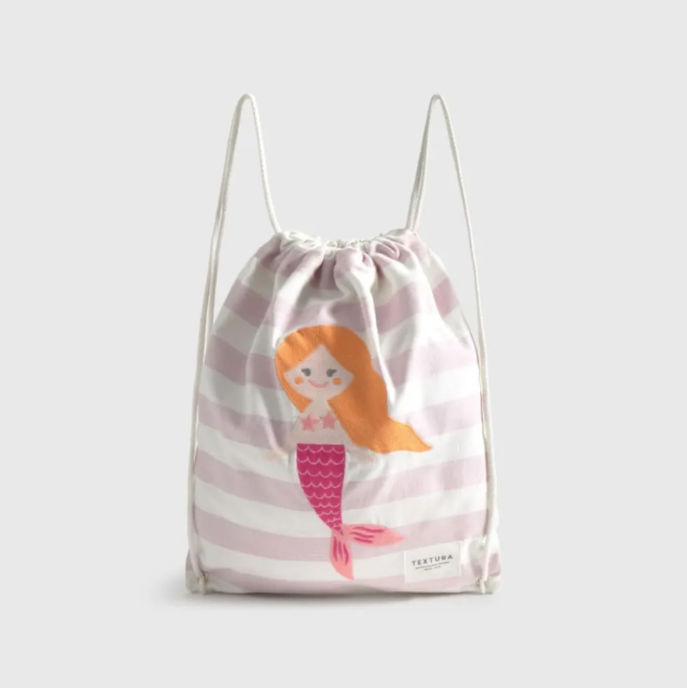 Bolsa mochila de algodón a rayas con sirena bordada Mer
