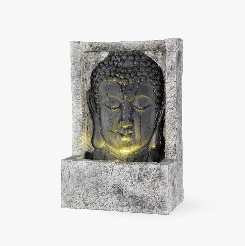 Fuente de jardín cabeza de Buda de resina con luz LED
