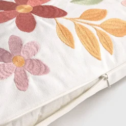 Funda de cojín de algodón con flores bordadas Foliona