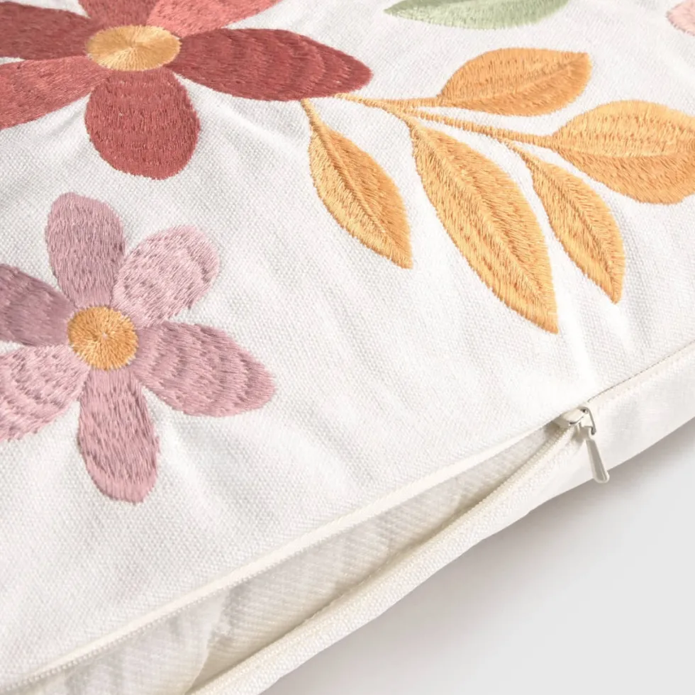 Funda de cojín de algodón con flores bordadas Foliona