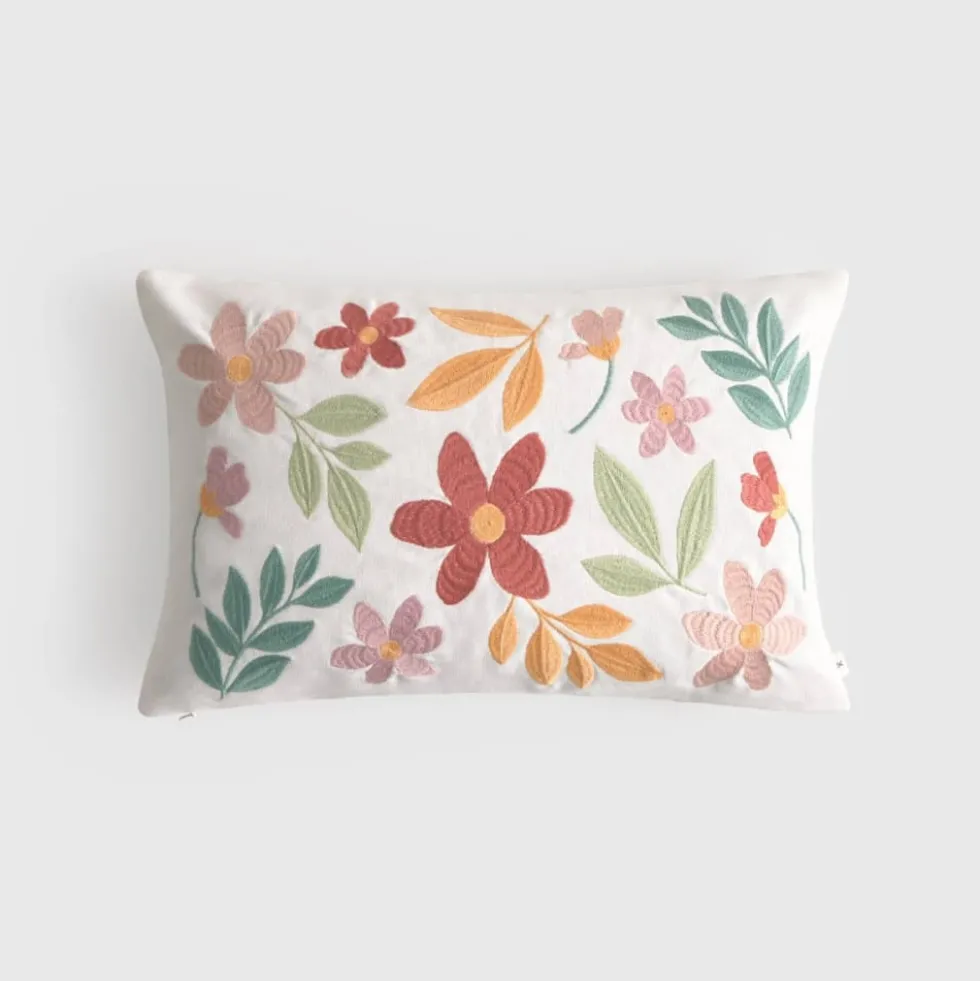 Funda de cojín de algodón con flores bordadas Foliona
