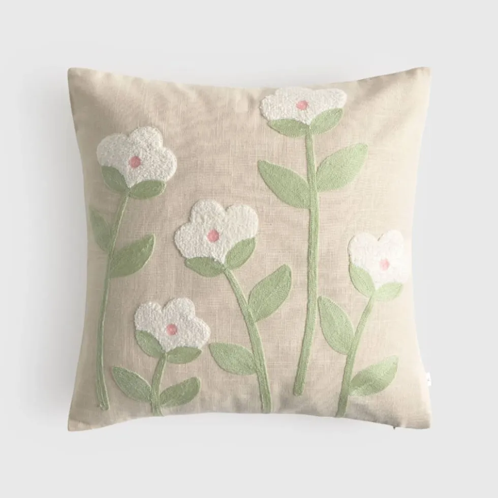 Funda de cojín de algodón con flores bordadas Lacres