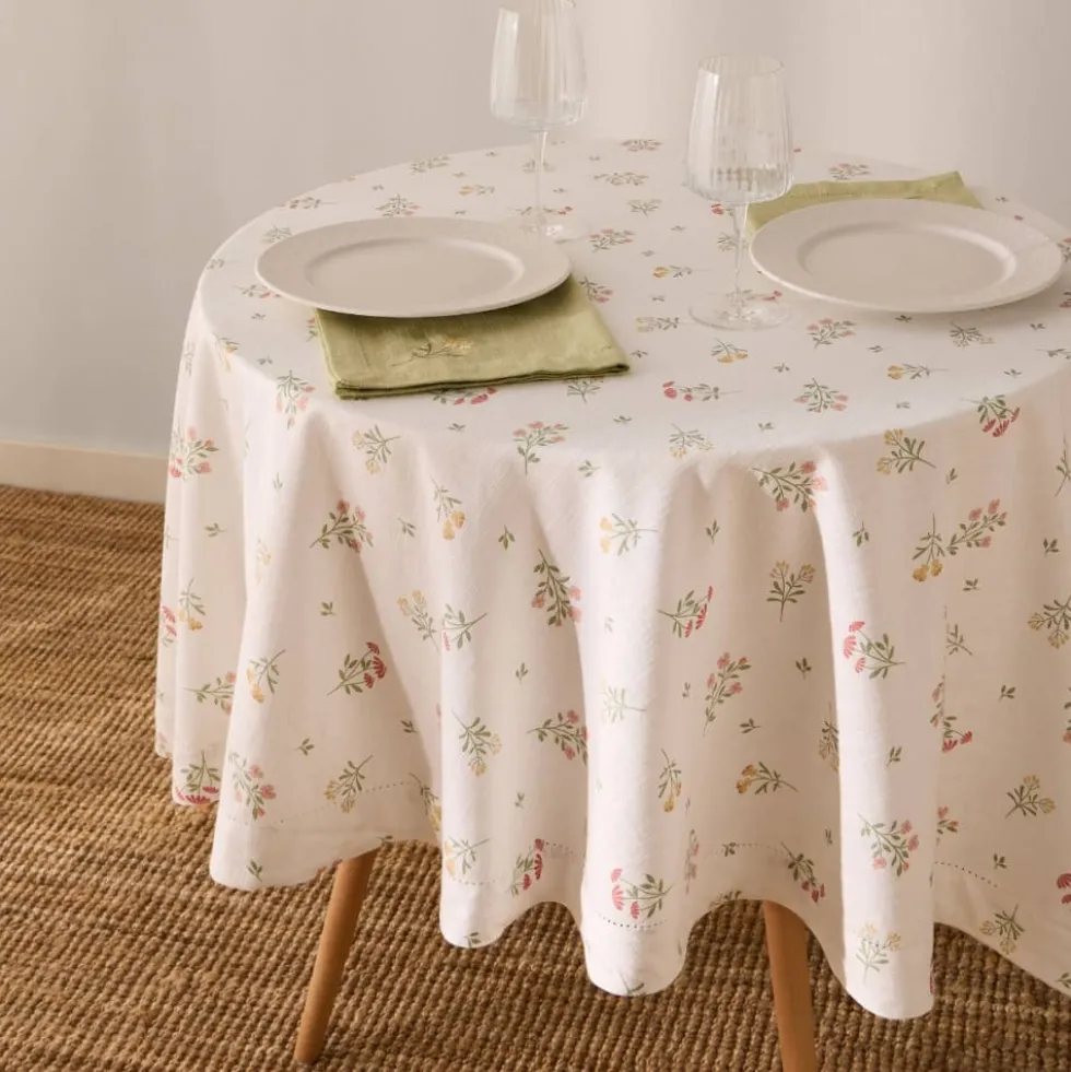Mantel de algodón efecto lino con estampado de flores Florgur