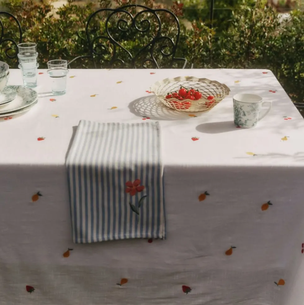 Mantel de algodón efecto lino con frutas bordadas Granfru