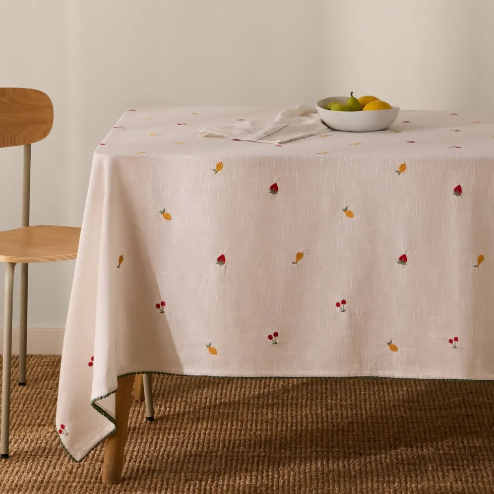 Mantel de algodón efecto lino con frutas bordadas Granfru